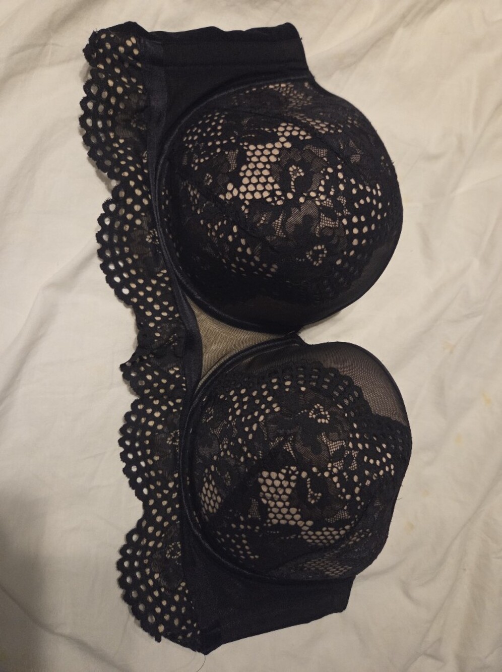 Cacique Black Lace Underwire Strapless Bra with Scalloped Trim